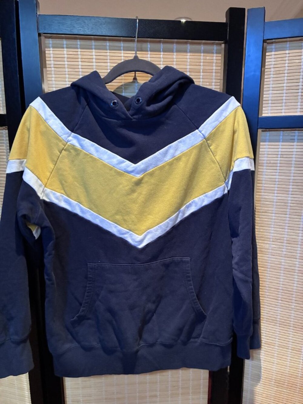 Garage Navy Mustard Chevron Colorblock Hoodie Cozy L